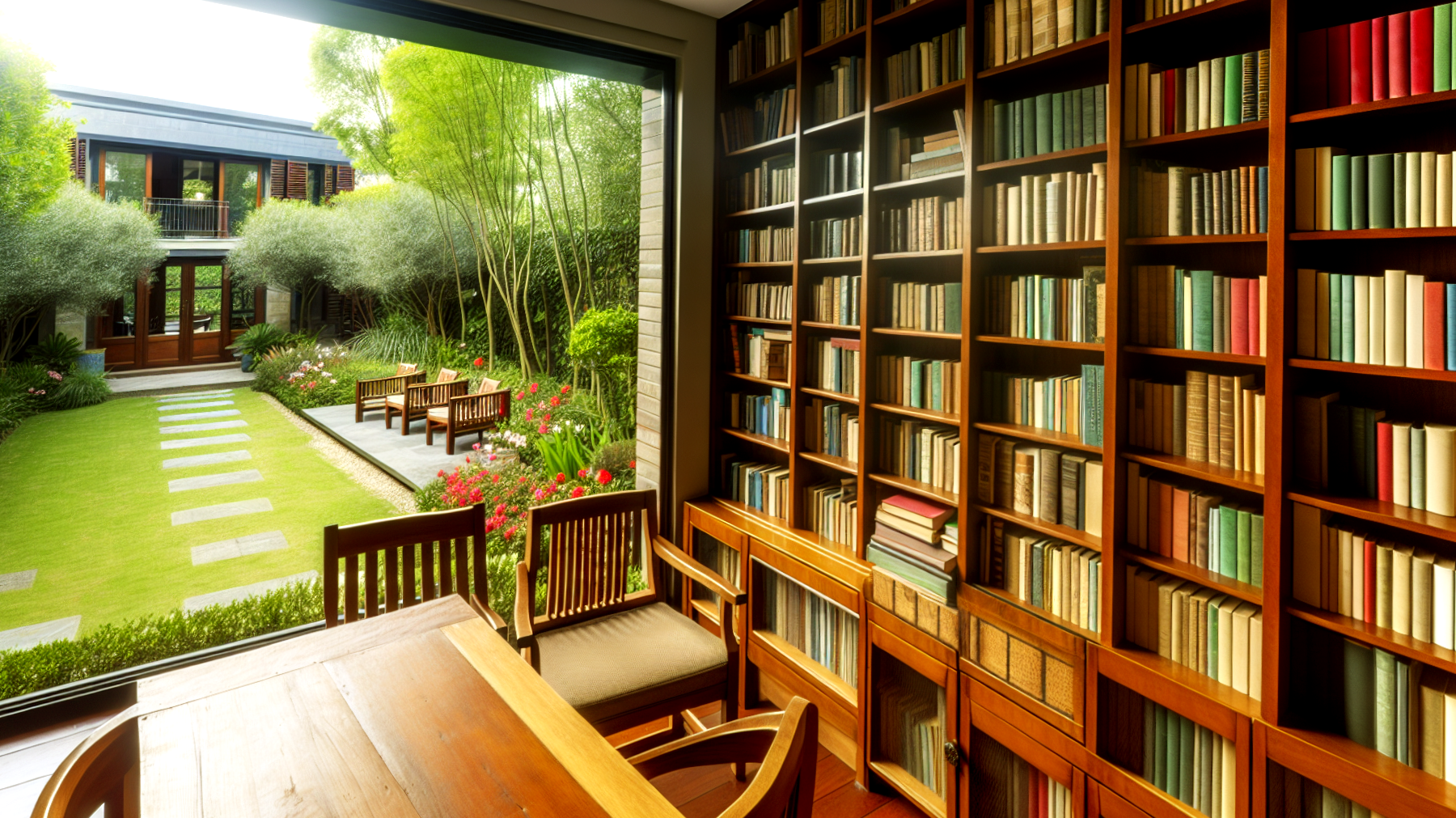 Libreria rigogliosa piante verdi sistema irrigazione"